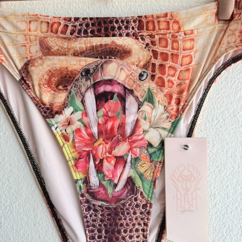 We Are HAH Bottoms Up High Rise Big Mouth Snake Print Bikini Bottoms size M NWT - Picture 3 of 13